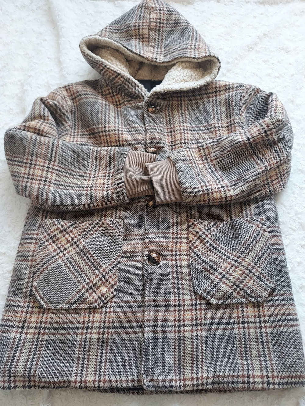 SHEIN Youth 10 Plaid Hooded Field Coat in Gray & Brown Fall Winter Cold Weather
